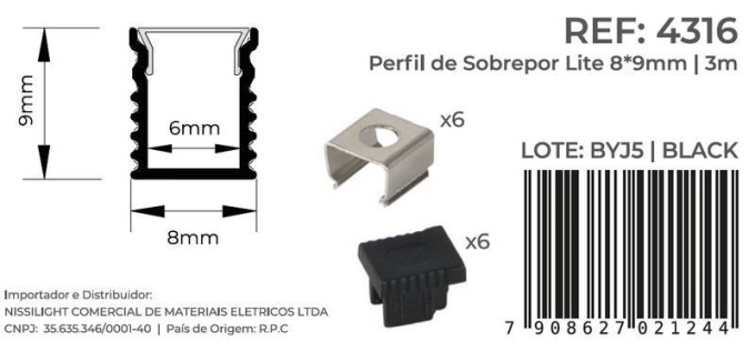 Perfil Sobrepor Nordecor Lite Preto 8x9mm Barra 3 metros 4316