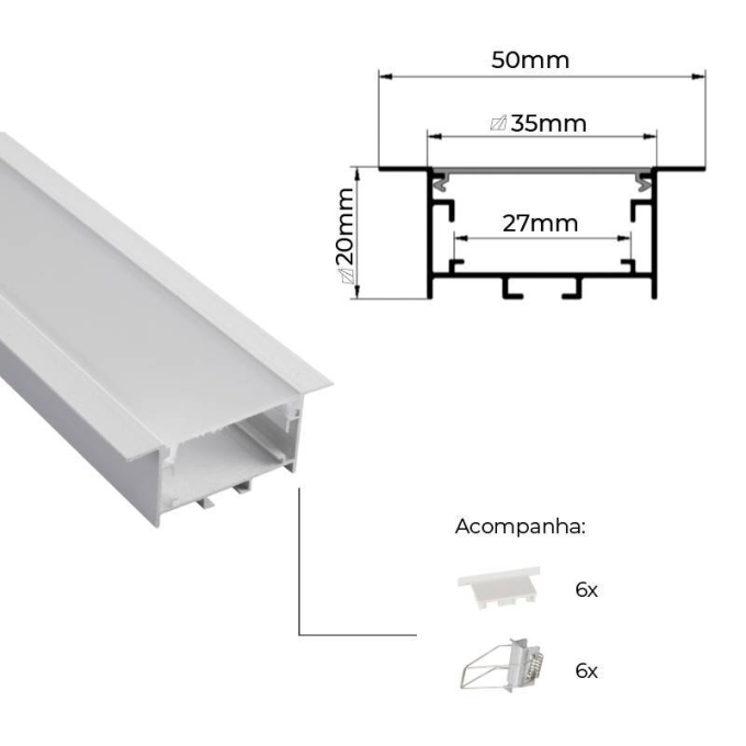 Perfil Embutir Nordecor Vast Branco 50x20mm Barra 3 metros 4343