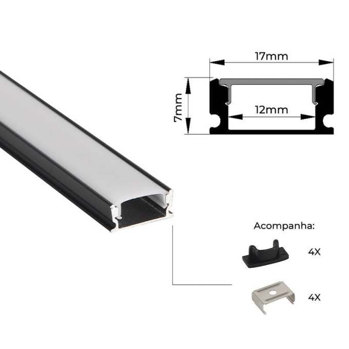 Perfil Sobrepor Nordecor Mov Preto 17x7mm Barra 2 metros 4330
