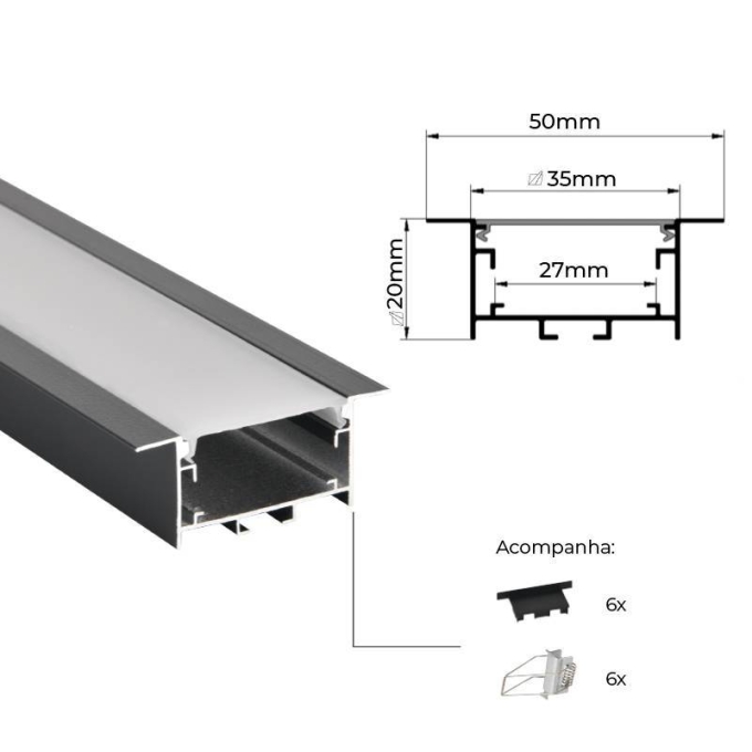 Perfil Embutir Nordecor Vast Preto 50x20mm Barra 3 metros 4344