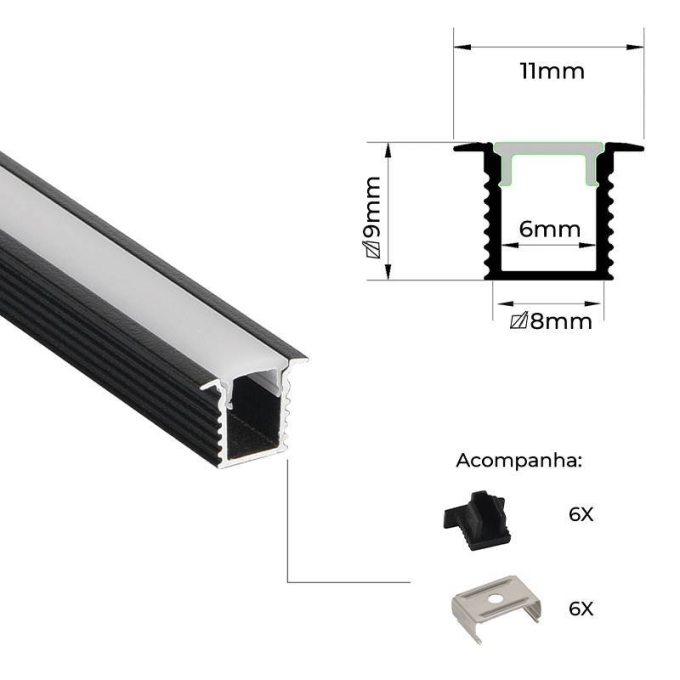 Perfil Embutir Nordecor Lite Preto 11x9mm Barra 3 metros 4312