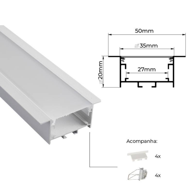 Perfil Embutir Nordecor Vast Branco 50x20mm Barra 2 metros 4341