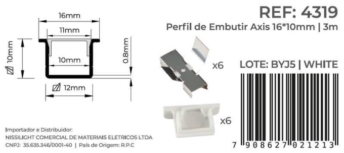 Perfil Embutir Nordecor Axis Branco 16x10mm Barra 3 metros 4319