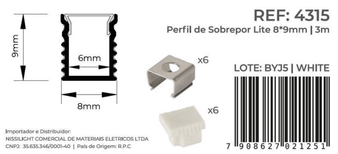 Perfil Sobrepor Nordecor Lite Branco 8x9mm Barra 3 metros 4315