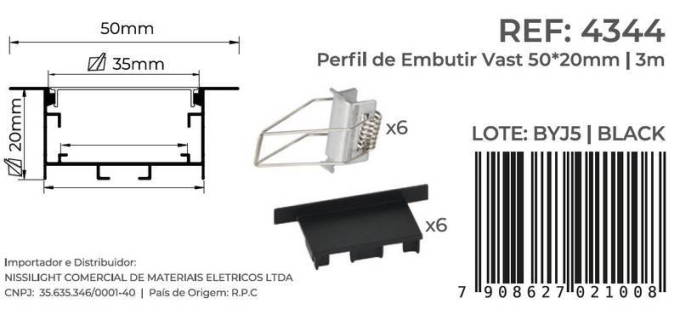 Perfil Embutir Nordecor Vast Preto 50x20mm Barra 3 metros 4344