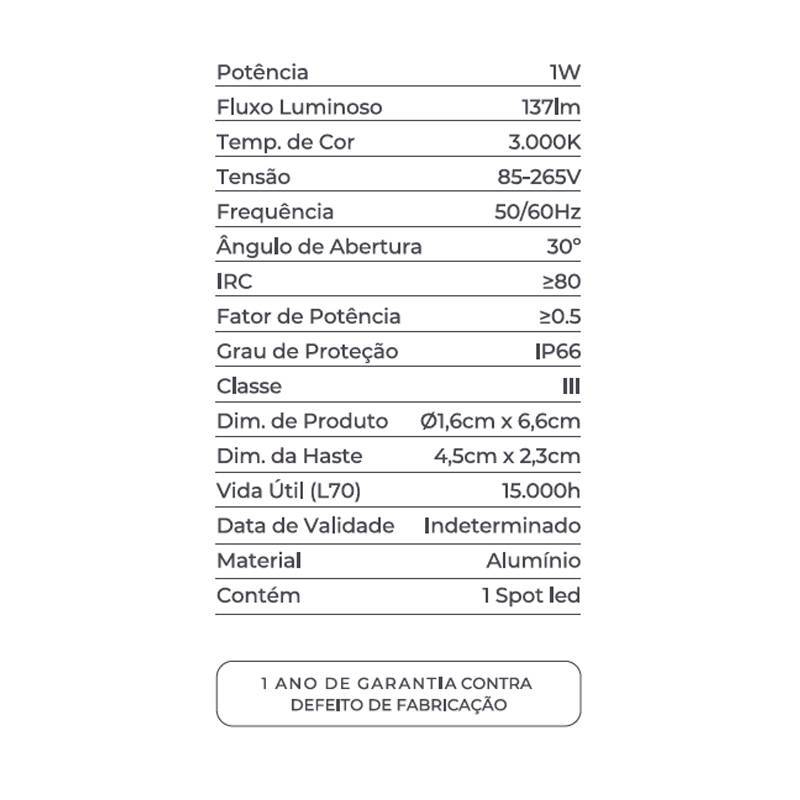 Spot Led Sobrepor Nordecor Gair 1 watts 3000K 30° Branco IP66 Ø16x66x45mm Bivolt 6966