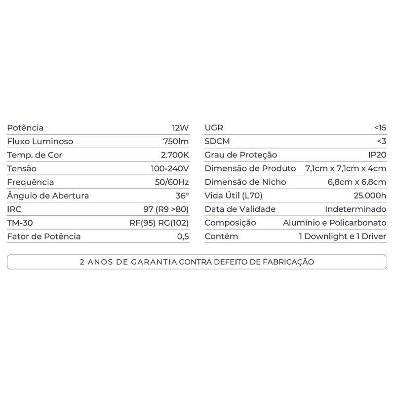 Embutido Nordecor Powerlux 9 Focos 12 watts Branco 2700K IRC97 36° Bivolt 71x71x40mm 80015
