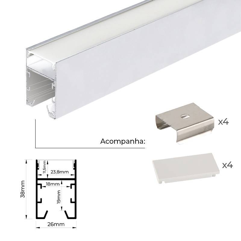 Perfil de Sobrepor Nordecor Fusy Branco 37x26mm Barra de 3 metros Alojamento para Fonte Slim 4205