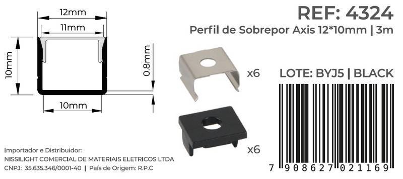Perfil Sobrepor Nordecor Axis Preto 12x10mm Barra 3 metros 4324
