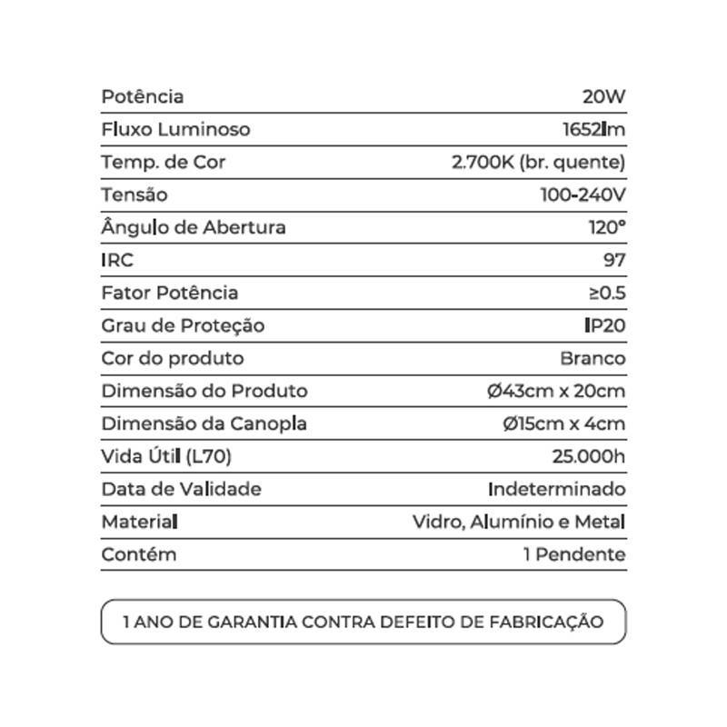 Pendente Nordecor Dommi 20 watts 2700K IRC97 Vidro Branco Ø430x200mm 90002