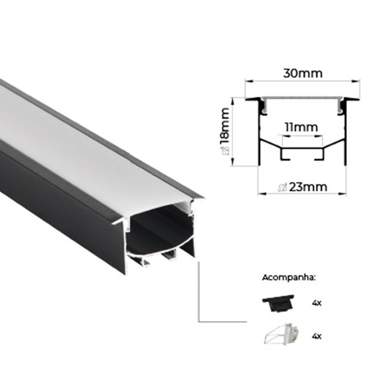 Perfil Embutir Nordecor Brise Preto 30x18mm Barra 2 metros 4334