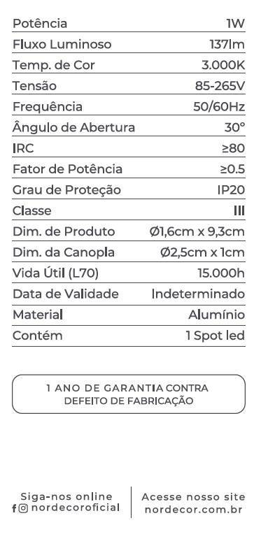 Spot Nordecor Blet Lite Sobrepor 1 watt Bivolt 3000K 30° Preto IP20 Ø16x93mm 6965