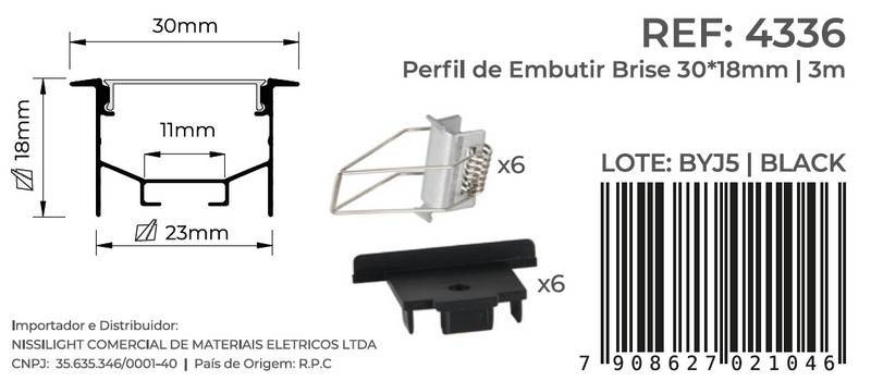 Perfil Embutir Nordecor Brise Preto 30x18mm Barra 3 metros 4336
