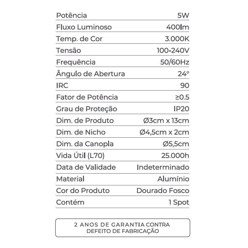 Spot Embutir Nordecor Blet 5 watts 24° IP20 3000K Dourado Bivolt Ø30x100mm 6994