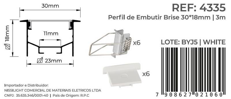 Perfil Embutir Nordecor Brise Branco 30x18mm Barra 3 metros 4335