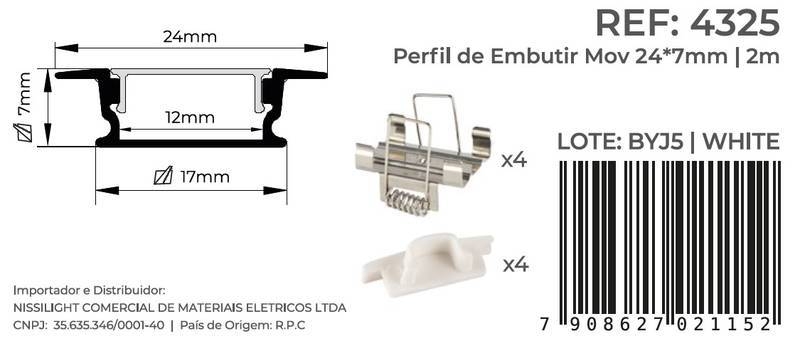 Perfil Embutir Nordecor Mov Branco 24x7mm Barra 2 metros 4325