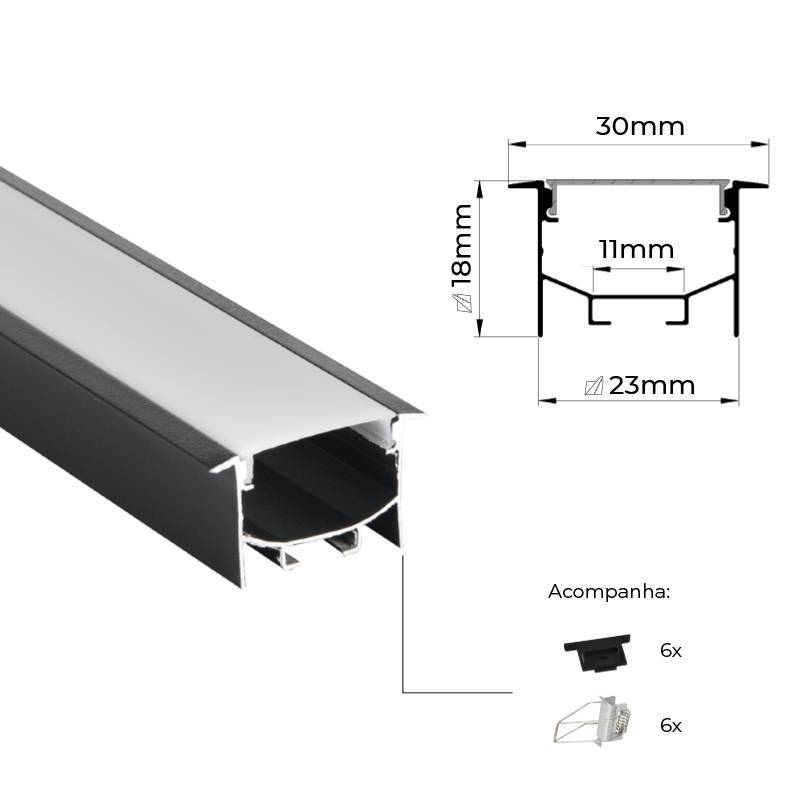 Perfil Embutir Nordecor Brise Preto 30x18mm Barra 3 metros 4336