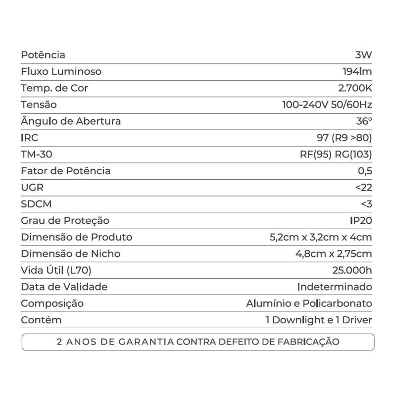 Embutido Nordecor Powerlux 2 Focos 3 watts Branco 2700K IRC97 36° Bivolt 52x32x40mm 80000