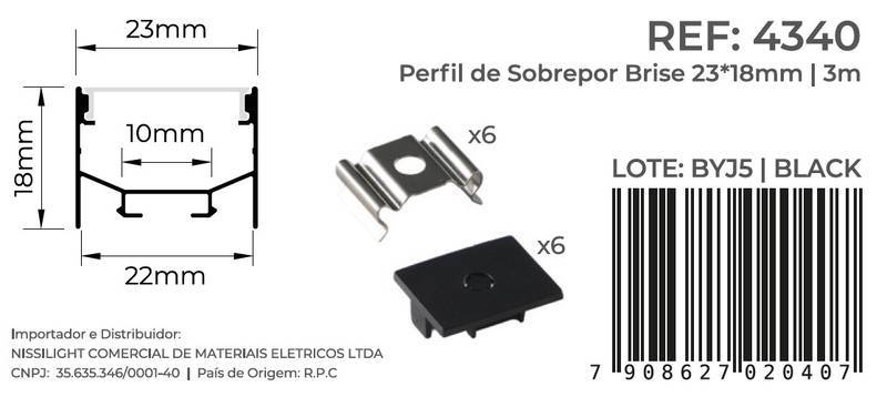 Perfil Sobrepor Nordecor Brise Preto 23x18mm Barra 3 metros 4340