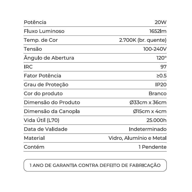 Pendente Nordecor Dommi 20 watts 2700K IRC97 Vidro Branco Ø330x360mm 90001