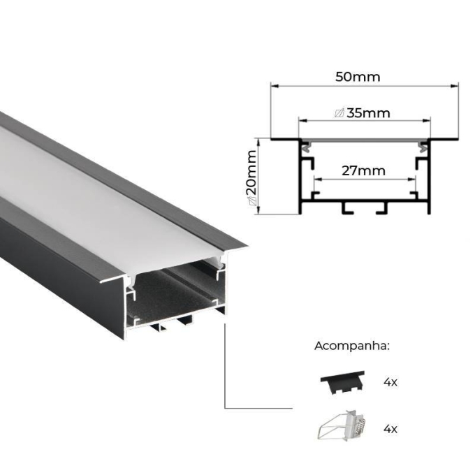 Perfil Embutir Nordecor Vast Preto 50x20mm Barra 2 metros 4342