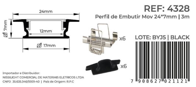 Perfil Embutir Nordecor Mov Preto 24x7mm Barra 3 metros 4328