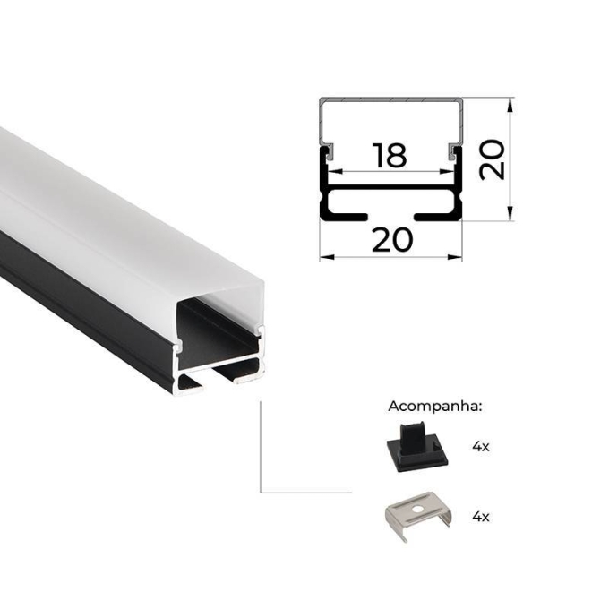 Perfil de Sobrepor Nordecor Vetro Preto 20x20mm Barra de 2 metros 4306