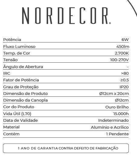 Pendente Nordecor Blie 6 watts 2700K Ouro Brilho Bivolt Ø120x200mm 2956