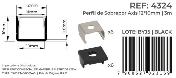 Perfil Sobrepor Nordecor Axis Preto 12x10mm Barra 3 metros 4324