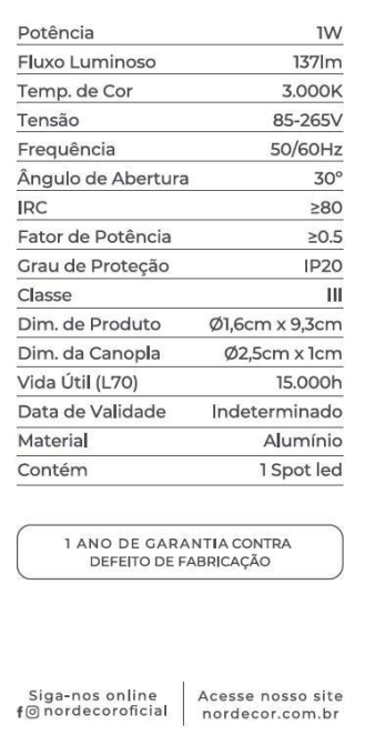 Spot Nordecor Blet Lite Sobrepor 1 watt Bivolt 3000K 30° Branco IP20 Ø16x93mm 6964