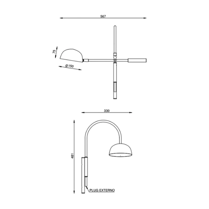 Arandela Foco Metallo Solar Cúpula Bowl Articulada c/ Ligação Direta 1L G9 567x330x481mm AR 148/LD