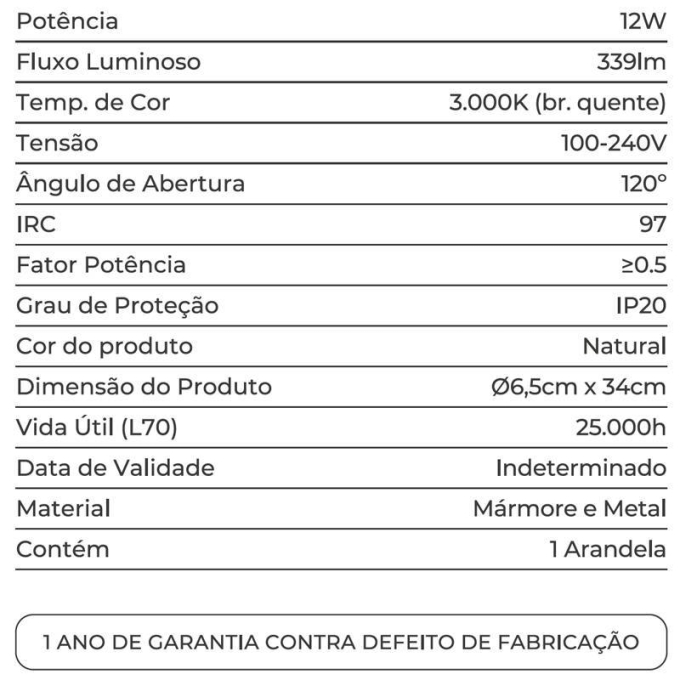 Arandela Nordecor Mavy Metal Dourado e Marmore 12 watts 3000K IRC97 Ø65x340mm 90013