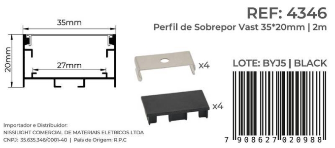 Perfil Sobrepor Nordecor Vast Preto 35x20mm Barra 2 metros 4346