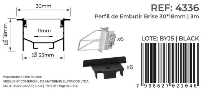 Perfil Embutir Nordecor Brise Preto 30x18mm Barra 3 metros 4336