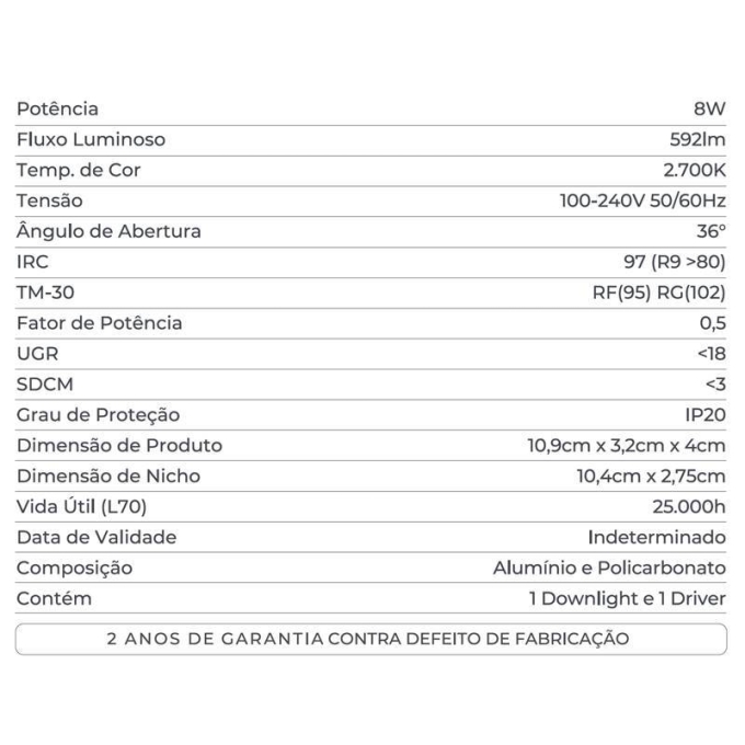 Embutido Nordecor Powerlux 6 Focos 8 watts Branco 2700K IRC97 36° Bivolt 109x32x40mm 80006