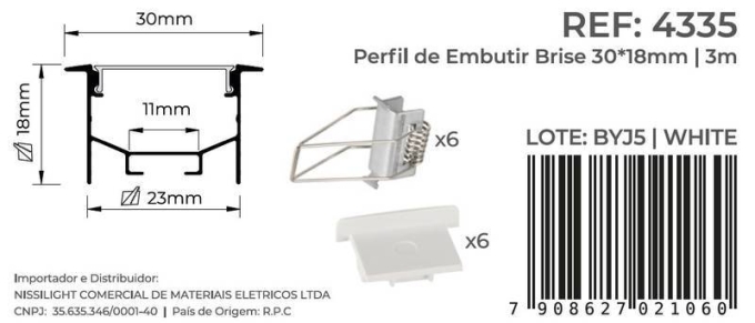 Perfil Embutir Nordecor Brise Branco 30x18mm Barra 3 metros 4335