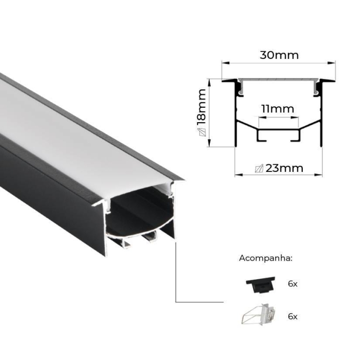 Perfil Embutir Nordecor Brise Preto 30x18mm Barra 3 metros 4336