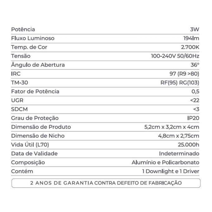 Embutido Nordecor Powerlux 2 Focos 3 watts Branco 2700K IRC97 36° Bivolt 52x32x40mm 80000