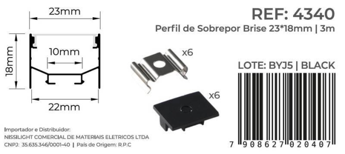 Perfil Sobrepor Nordecor Brise Preto 23x18mm Barra 3 metros 4340