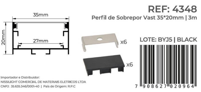 Perfil Sobrepor Nordecor Vast Preto 35x20mm Barra 3 metros 4348