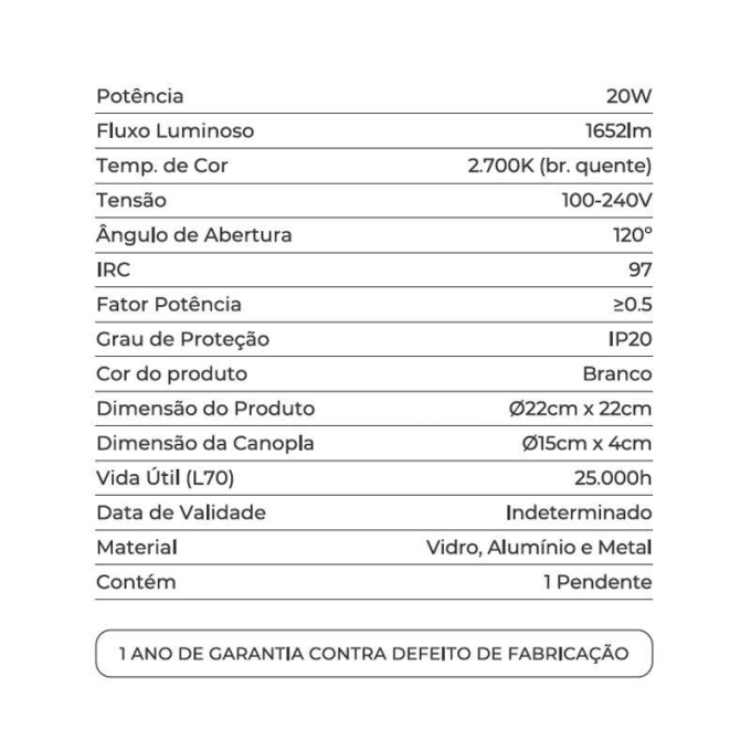 Pendente Nordecor Dommi 20 watts 2700K IRC97 Vidro Branco Ø220x220mm 90004