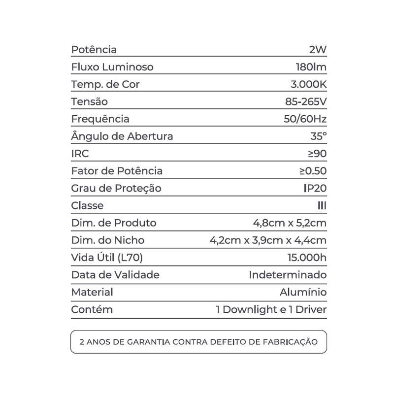 Embutido Nordecor Downlight Powerus Direcional Preto 2 watts 3000K IRC90 35° Bivolt 48x52mm 6969