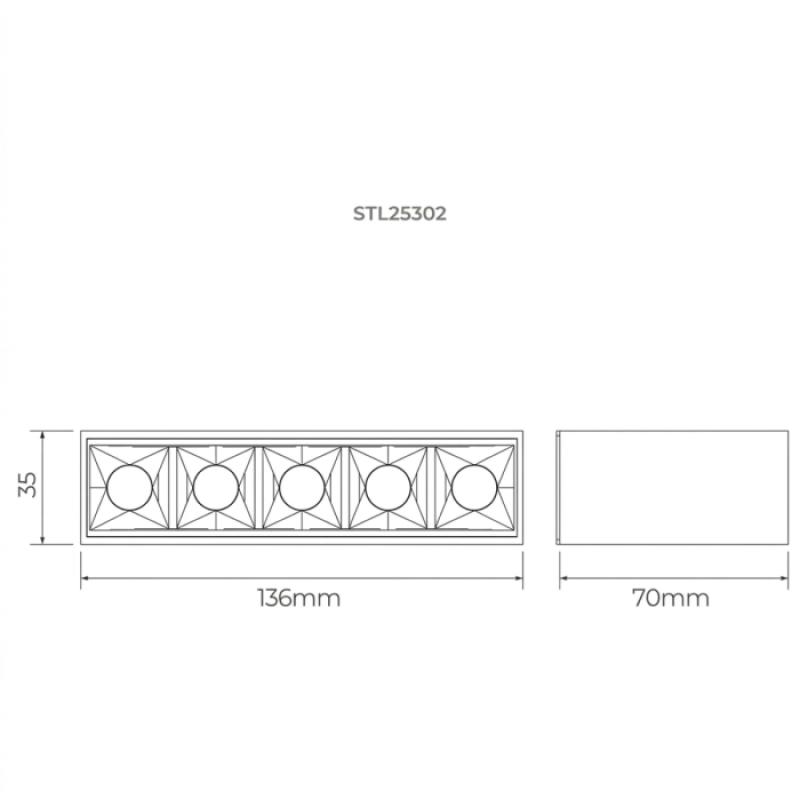 Spot de Sobrepor Stella Square Micro 5 Focos PT e Black Piano 30° 11W 3000K 70x136x35mm STL25302PTO-BP/30