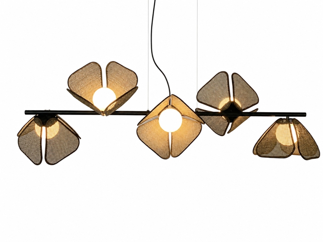 Pendente Quarto Crescente Ibira Metal e Cúpulas em Palha Globos Ø100mm 5L G9  1400x400x400mm PN-1195