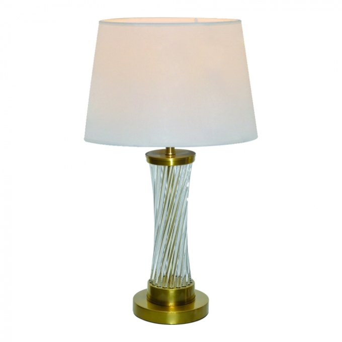 Abajur Sindora Metal Bronze e Cristal Transparente Cúpula Linho Branco Ø320x620mm DCT00553 PREN