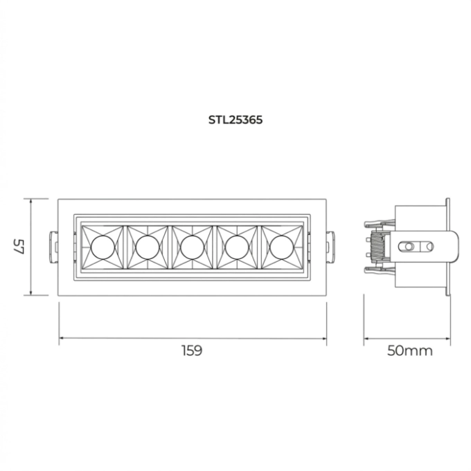 Spot de Embutir Stella Square Micro Direcional 5 Focos PT e Black Piano 30° IRC90 11,5W 3000K 50x159x57mm STL25365PTO-BP/30