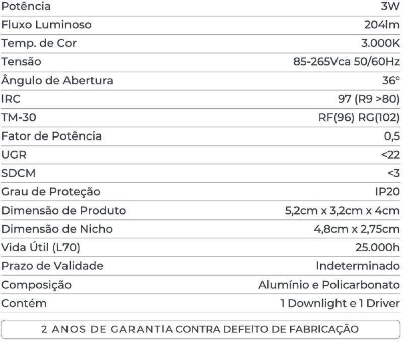 Spot de Embutir Nordecor Powerlux Preto LED 3 watts 36º 3000K IRC97 52x32x40mm 80112