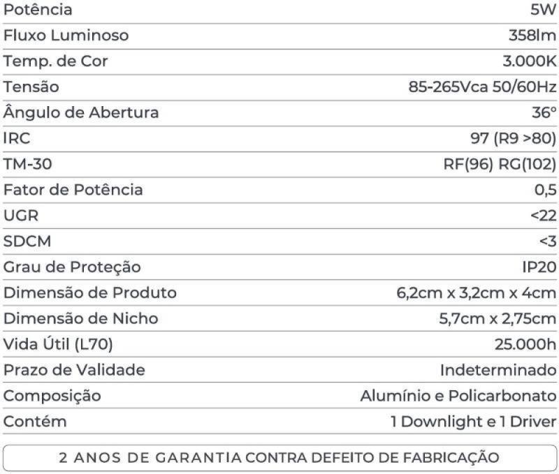 Spot de Embutir Nordecor Powerlux Branco LED 5 watts 36º 3000K IRC97 62x32x40mm 80113