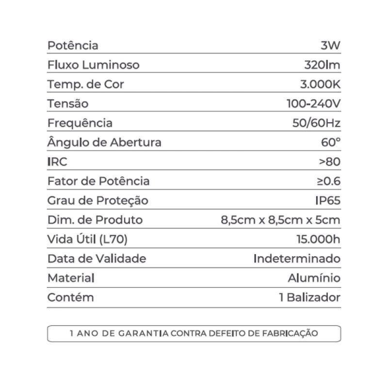 Balizador de Parede Nordecor Linder Branco 3 watts IP65 3000K Bivolt 85x85x50mm 2020 PREN