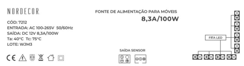 Fonte 12V Nordecor para Móveis 8,3A 100 watts Bivolt IP20 187x55x20mm 7212 PREN